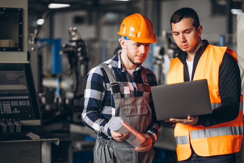 Na desni stojita dva mlajša moška. V ozadju: proizvodno delovno okolje. Moški levo v sivem delovnem kombinezonu in modro-beli srajci, z oranžno čelado na glavi. Zre v temno siv prenosni računalnik, ki ga v rokah drži moški na desni, oblečem v črn pulover in oranžen varnostni jopič.