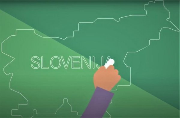 Dekorativna slikana kateri je oris zemljevida Slovenije z napisom Slovenija