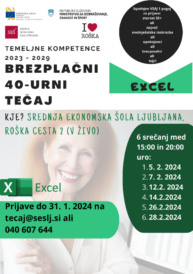 Letak za tečaj Excela na Srednji ekonomski šoli Ljubljana, februar 2024
