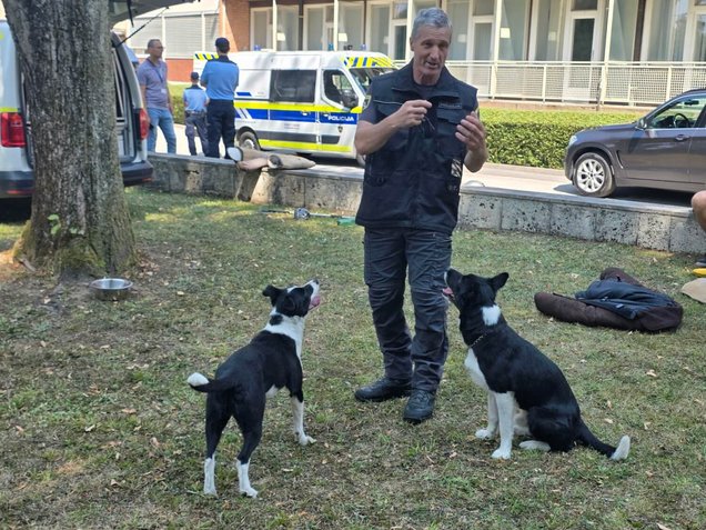 Policijska psa in njun vodnik na Dnevu odprtih vrat Policijske akademije v Tacnu, Ljubljana, 6. avgusta 2026.