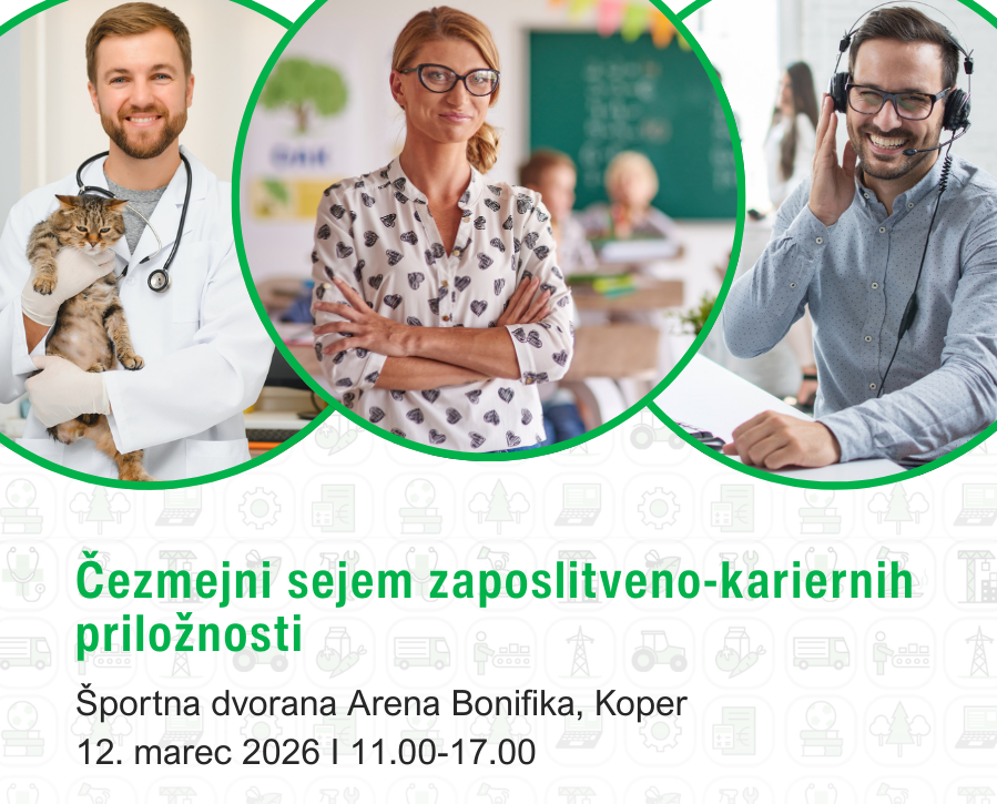 Dekorativna slika za Čezmejni sejem zaposlitveno-kariernih priložnosti: Arena Bonifika, 12. marca 2026. Ikone za različna poklicna področja v ozadju. V ospredju slike predstavnikov štirih poklicev: veterinar, učiteljica, asistent v klicnem centru. 