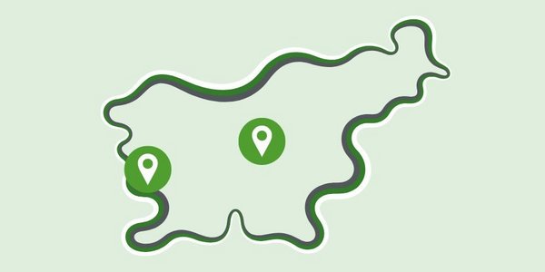 Obris zemljevida Slovenije z označenimi lokacijami sejmov Zavoda RS za zaposlovanje: Dravograd, Murska Sobota, Nova Gorica.