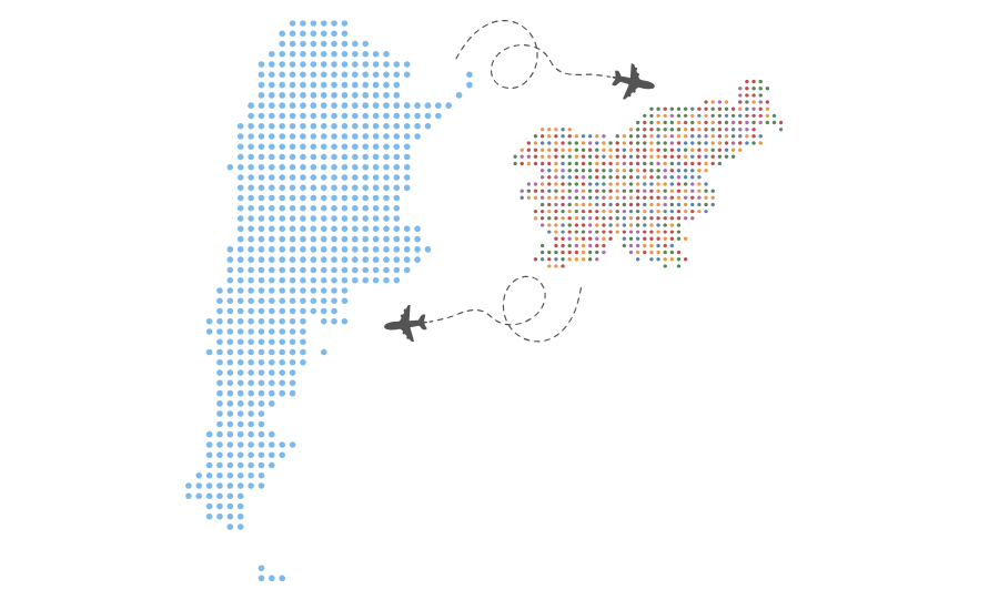 Dekorativna slika - grafika: zemljevida Argentine in Slovenije z letaloma