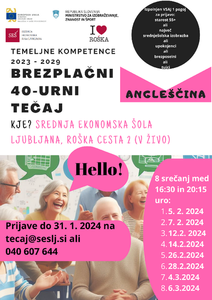 Letak za tečaj angleščine na Srednji ekonomski šoli Ljubljana, februar 2024