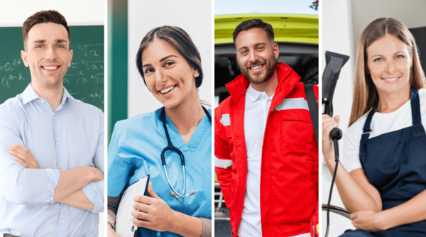 Dekorativna slika poklicev: učitelj, zdravnica, voznik reševalnega vozila, frizerka. Vseslovenski karierni dogodek Kam in Kako, 16. januarja 2026, Gospodarsko razstavišče Ljubljana, od 9. do 18. ure, dvorana Kupola.
