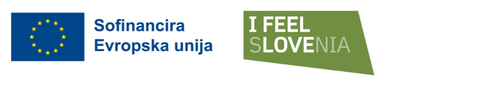 Kombinacija logotipov Sofinancira Evropska unija, z zastavo EU, na levi, in I feel Slovenia, na desni