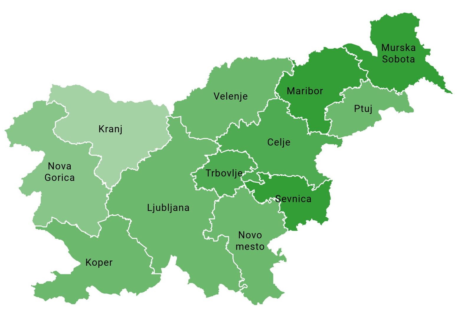 Zemljevid Slovenije, z vrisanimi dvanajstimi območnimi službami, Zavod Republike Slovenije za zaposlovanje. 