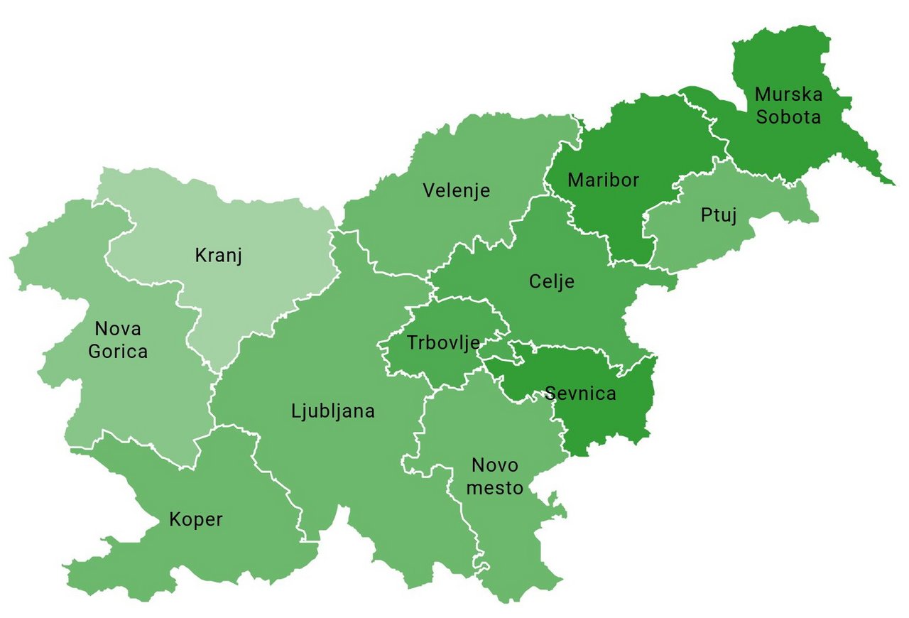 Zemljevid območne službe ZRSZ Zemljevid Slovenije, z vrisanimi dvanajstimi območnimi službami, Zavod Republike Slovenije za zaposlovanje.