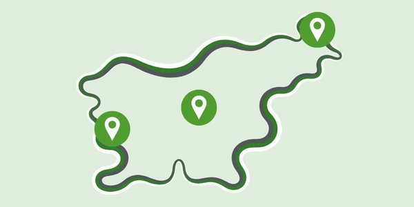 Obris zemljevida Slovenije z označenimi lokacijami sejmov Zavoda RS za zaposlovanje: Dravograd, Murska Sobota, Nova Gorica.