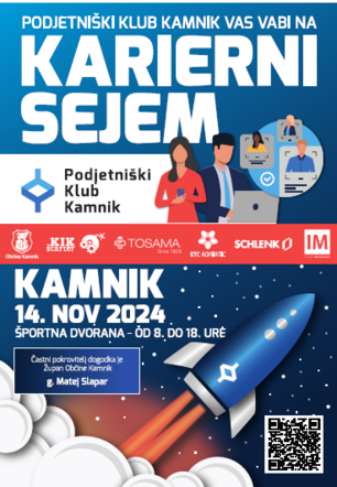 Letak za 3. karierni sejem v Kamniku, 14. novembra 2024, Športna dvorana Kamnik. Predstavlja se več kot 25 delodajalcev.