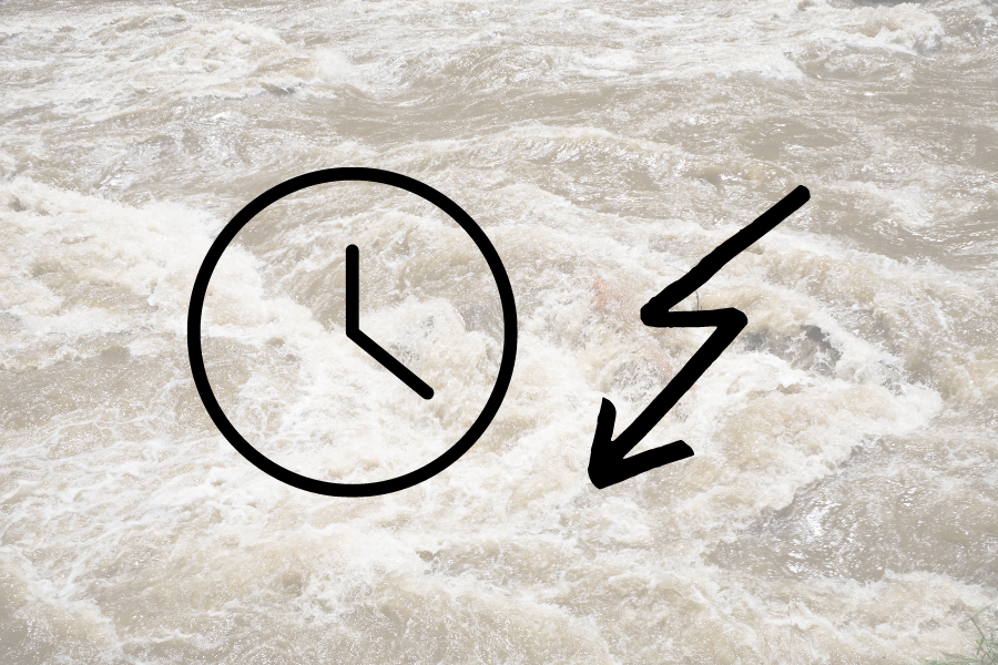 Dekorativna slika: poplave, z znakom za uro in strelo