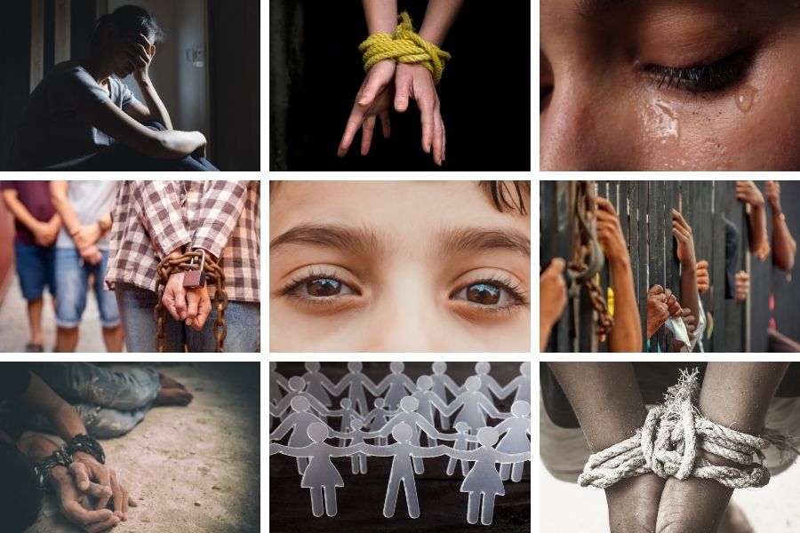 Dekorativna slika: boj proti trgovini z ljudmi. Devet slik z različnimi situacijiami, ki so povezane s trgovino z ljudmi oziroma jo prikazujejo. 