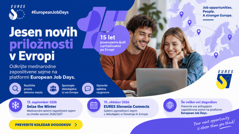Promocijska grafika EURES z vabilom k odkrivanju jesenskih zaposlitvenih priložnosti v Evropi in dogodkov European Job Days.