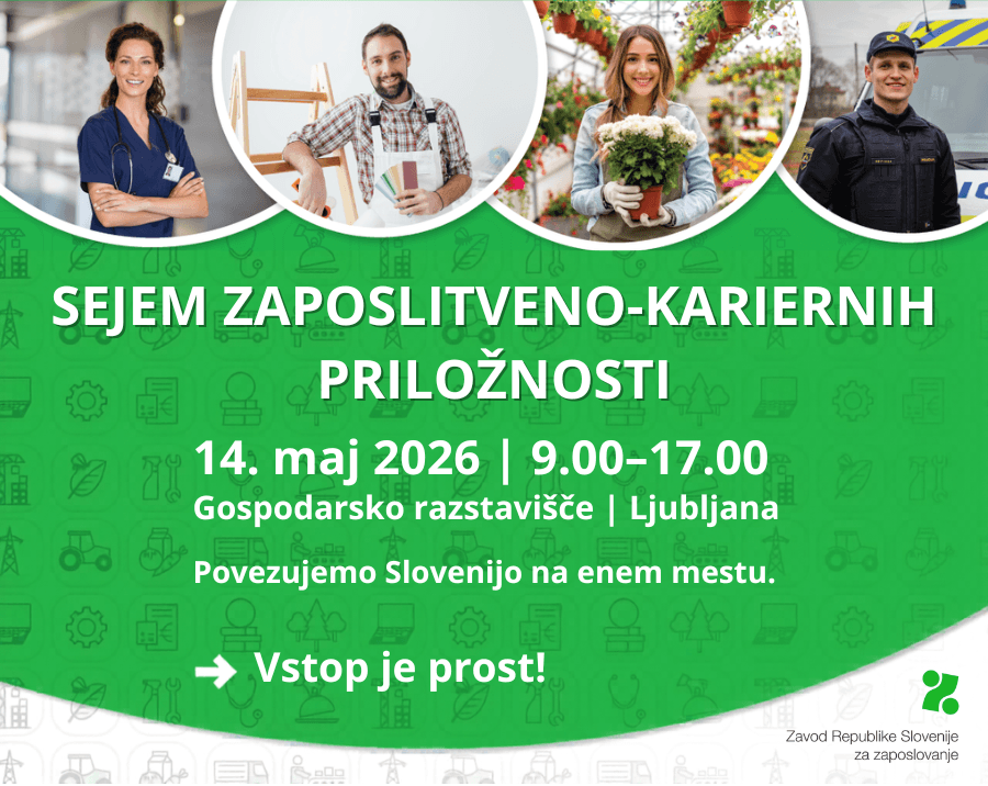Povabilo na Sejem zaposlitveno-kariernih priložnosti, 14. maja 2026, med 9. in 17. uro, Ljubljana, Gospodarsko razstavišče, brezplačna udeležba. Prikazani poklici: zdravnica, slikopleskar, cvetličarka, policist. 