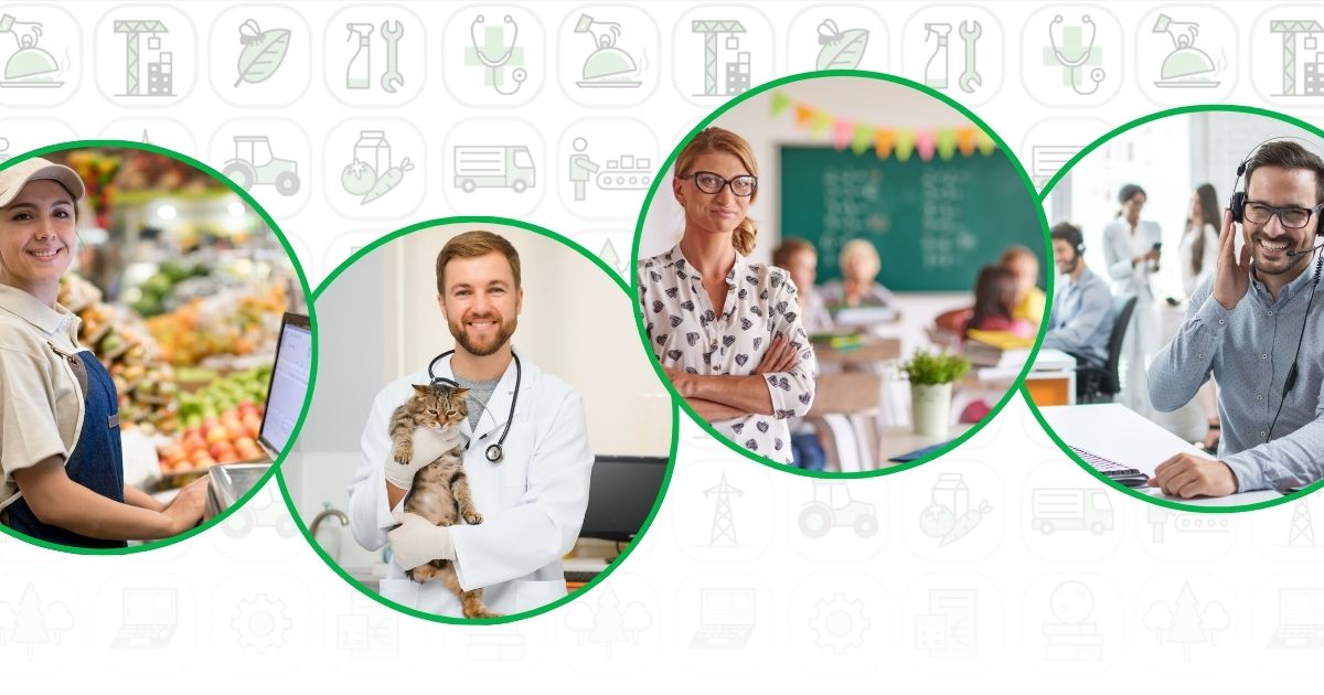 Dekorativna slika za Čezmejni sejem zaposlitveno-kariernih priložnosti: Arena Bonifika, 12. marca 2026. Ikone za različna poklicna področja v ozadju. V ospredju slike predstavnikov štirih poklicev: blagajničarka v trgovini, veterinar, učiteljica, asistent v klicnem centru. 