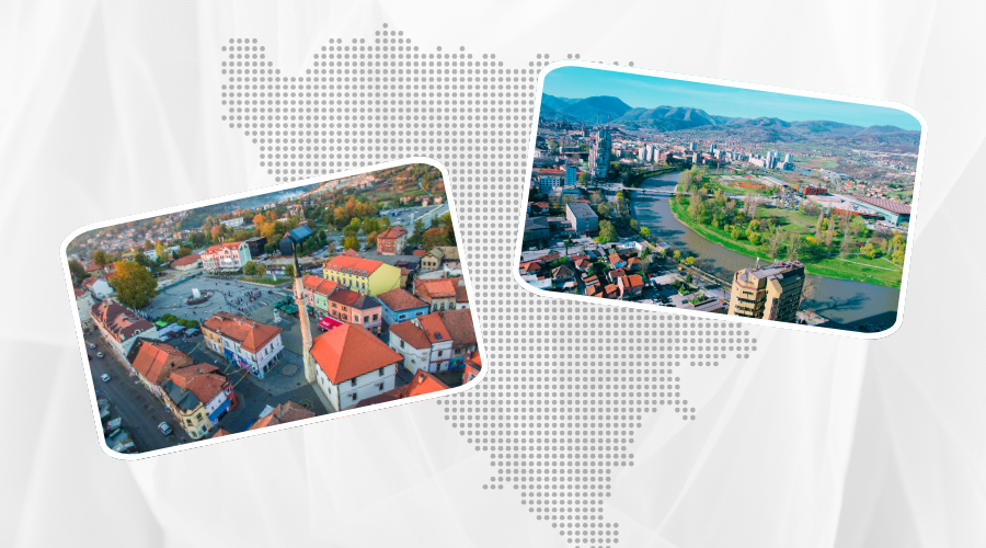 Pikčast zemljevid Bosne in Hercegovine v ozadju, v ospredju fotografiji Tuzle in Zenice.