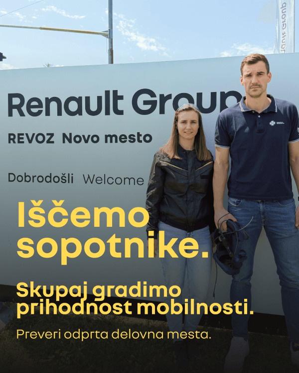 Dekorativna slika: oglas za zaposlitev v Revozu. Iščemo sopotnike. Skupaj gradimo prihodnost mobilnosti. Mlada ženska (levo) in moški (desno), zaposlena v podjetju. V ozadju: napis skupine Renault.