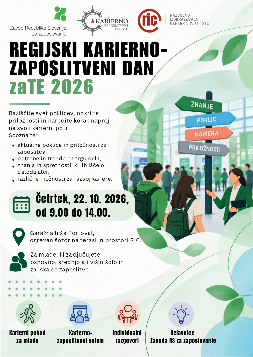 Plakat za Regijski karierno-zaposlitveni dan zaTE 2026. Potekal bo v četrtek, 22. oktobra, v Novem mestu, v prostorih Razvojno-izobraževalnega centra, v ogrevanem šotoru in garažni hiši Portoval. Namenjen je mladim ob zaključku osnovne, srednje ali višje šole ter iskalcem zaposlitve. Raziščite svet poklicev, odkrijte priložnosti in naredite korak naprej na svoji karierni poti. Spoznajte: aktualne poklice in priložnosti za zaposlitev, potrebe in trende na trgu dela, znanja in spretnosti, ki jih iščejo delodajalci, različne možnosti za razvoj kariere.