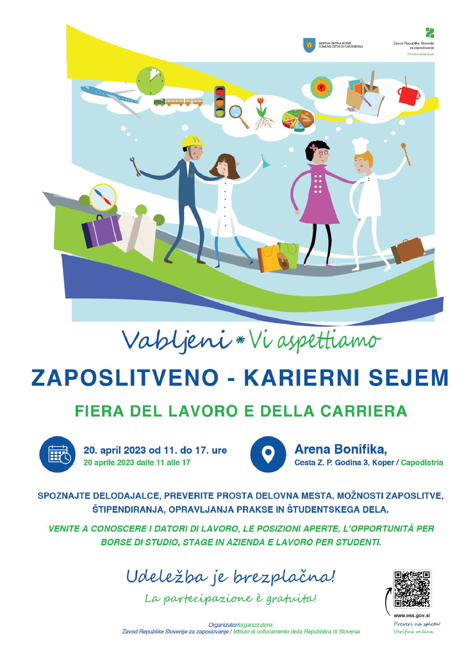 Plakat za zaposlitveno-karierni sejem v Kopru, 20. 4. 2023, od 11. do 17. ure, v prostorih Arene Bonifike