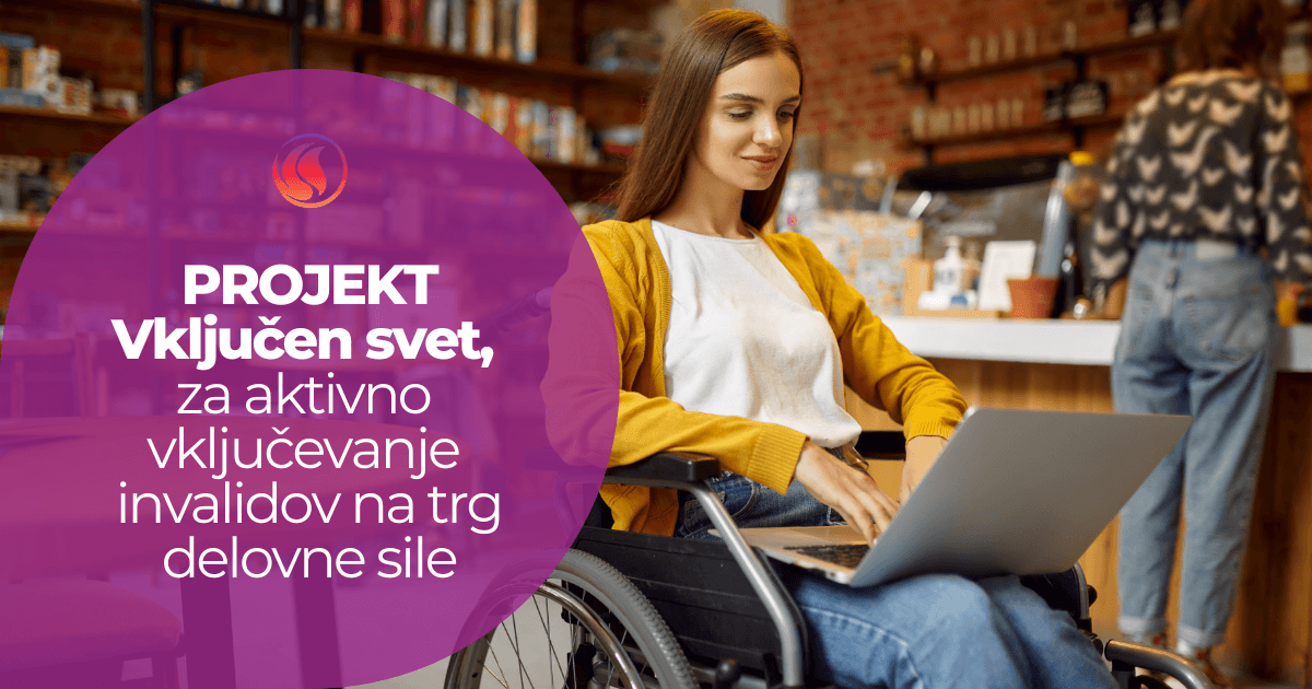Projekt Vključen svet Vključen svet: za lažje in aktivnejše vključevanje invalidov na trg dela. Simbolična dekorativna slika: mlado dekle na invalidskem vozičku, s prenosnim računalnikom na kolenih. V ozadju okolje knjižnice.
