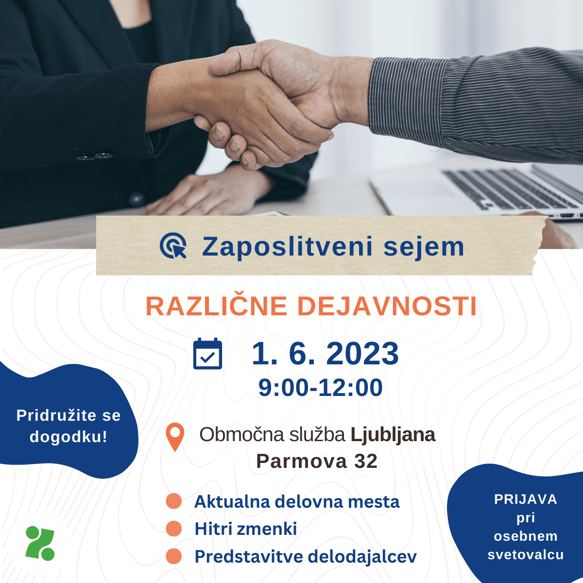 Napoved zaposlitvenega sejma, 1. junija 2023, od 9. do 12. ure, v organizaciji Območne službe Ljubljana, Zavod RS za zaposlovanje