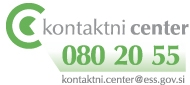 Logotip Kontaktnega centra Zavoda RS za zaposlovanje, z brezplačno telefonsko številko 080 20 55 in elektronskim naslovom: kontaktni.center@ess.gov.si