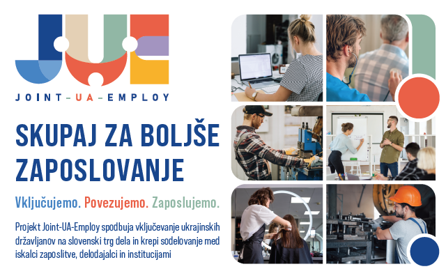 Slika zgornjega dela plakata za projekt Joint-UA-Employ, namenjen integraciji razseljenih oseb iz Ukrajine na trg dela v Sloveniji, s sloganom: Skupaj za boljše zaposlovanje. Vključujemo. Povezujemo. Zaposlujemo.